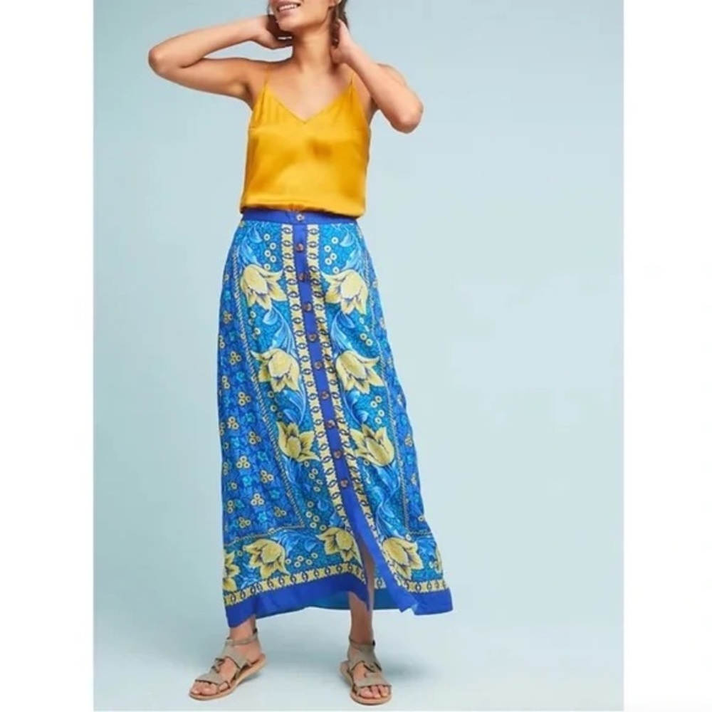 Anthropologie Maeve Blue Buttoned CORNELIA Floral Print Maxi Skirt 🌺 - Picture 6 of 6